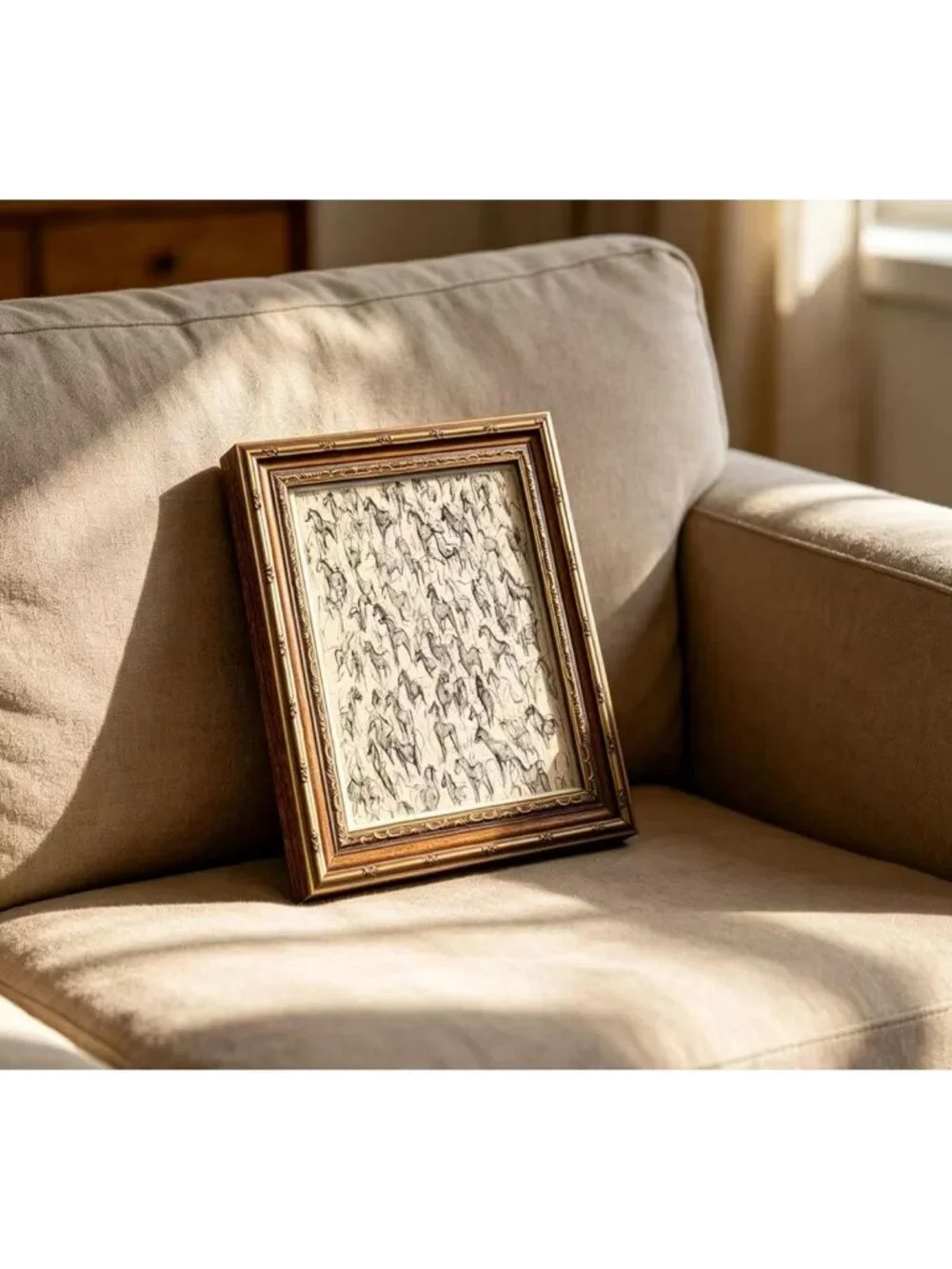 Vintage Gold Framed Horse Sketch Wall Art, Rustic Equestrian Canvas Print Decor